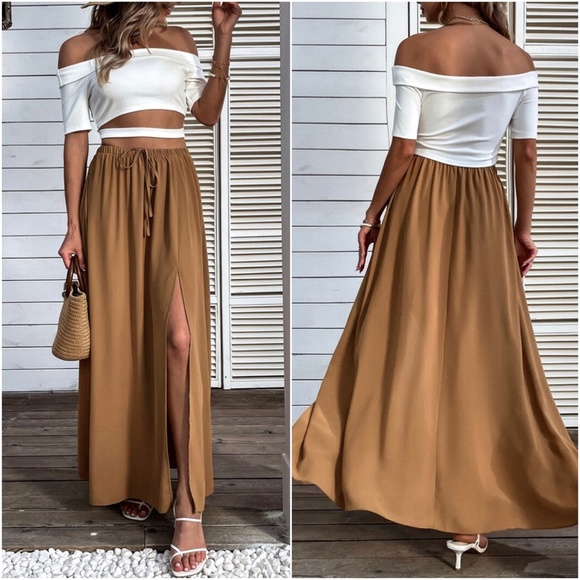 Bohemian Off Shoulder Crop Top Split Thigh Maxi Skirt Set - Picture 2 of 3